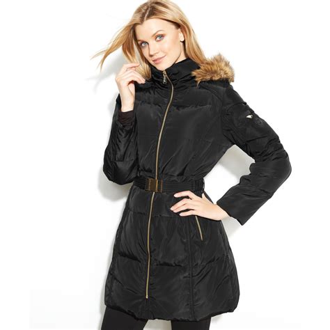 michael kors faux fur trim belted puffer jacket|michael kors hooded faux fur trim quilted belted puffer coat.